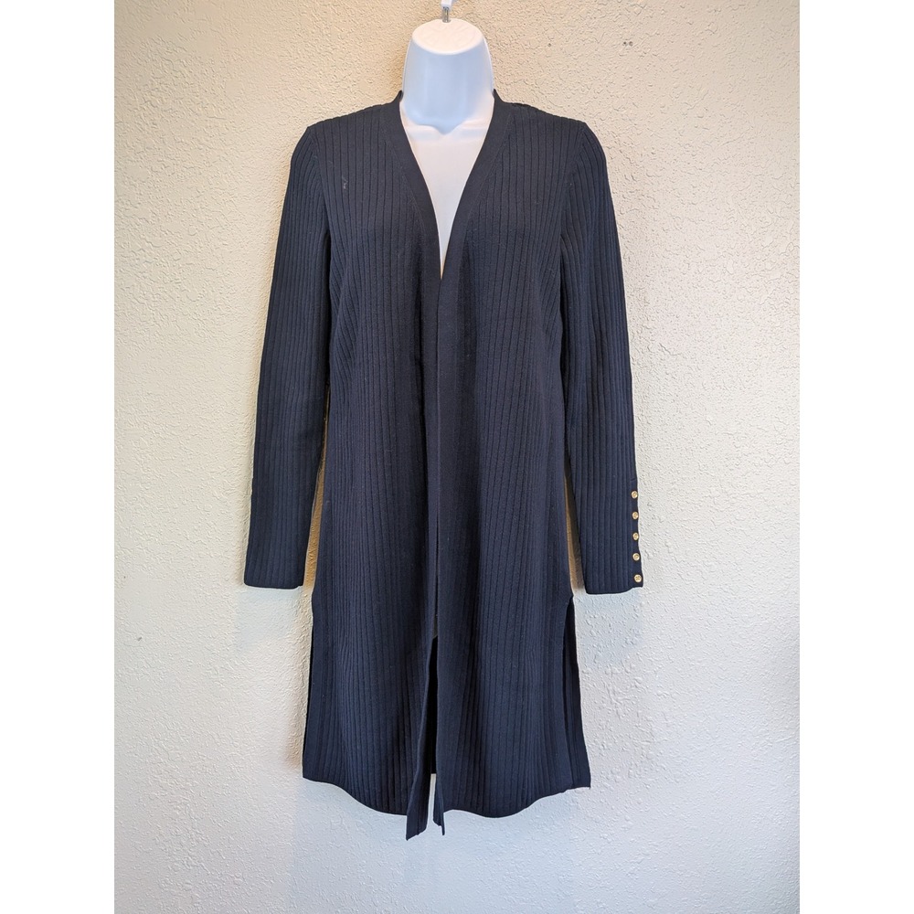Talbots XS Navy Ribbed Knit Long‎ Cardigan Open Front Gold Button Timeless Work